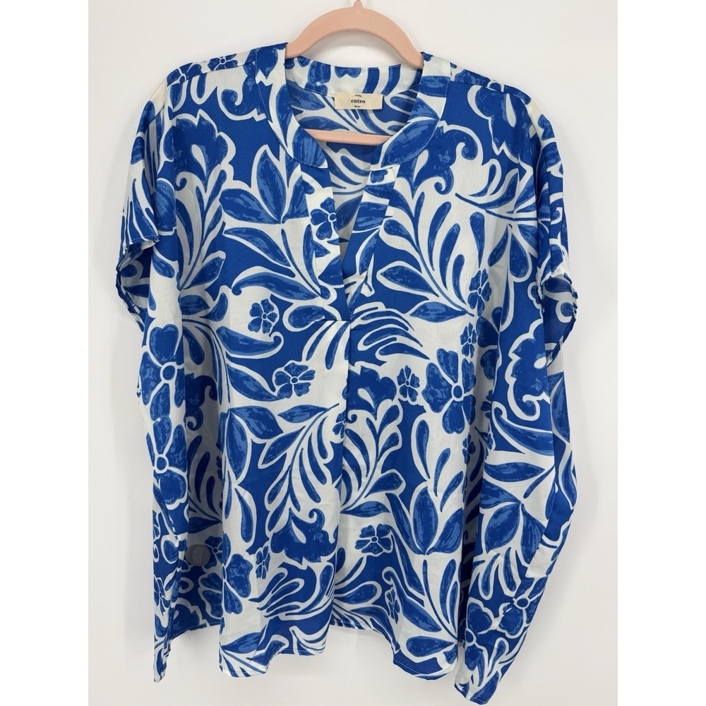 Entro Blouse Women Large Blue White Floral Split V Neck Short Sleeve Boho Top